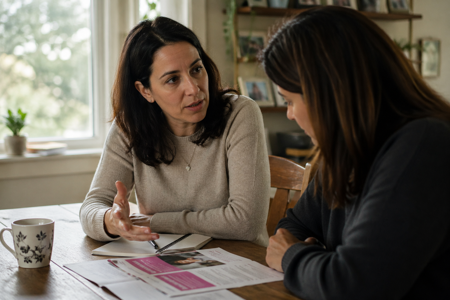 Two women sit at a table having a serious conversation about Jewish breast cancer support. One gestures with her hand while the other listens. Papers, a notebook, and a mug are on the table in front of them.