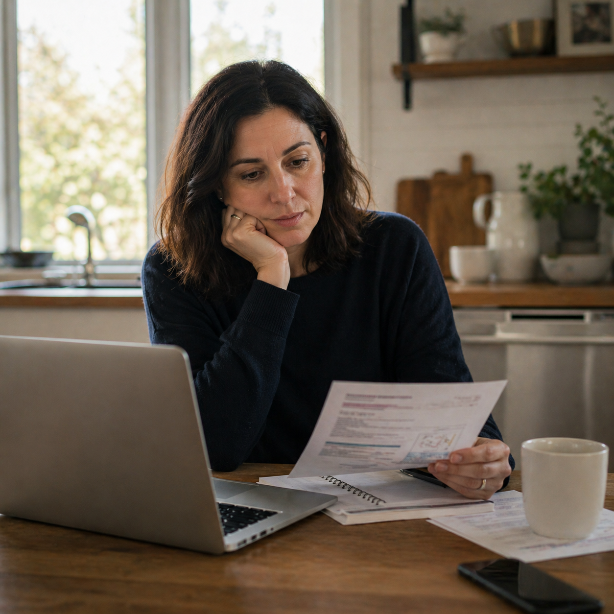 Two women sit at a table having a serious conversation about Jewish breast cancer support. One gestures with her hand while the other listens. Papers, a notebook, and a mug are on the table in front of them.