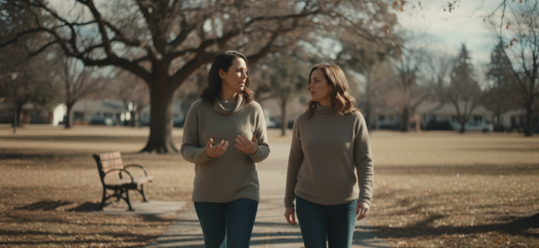 Two women in sweaters and jeans walk along a paved path in a park, talking about support for cancer patients. Leafless trees and houses are visible in the background on a clear day. A wooden bench is on the left side of the path.