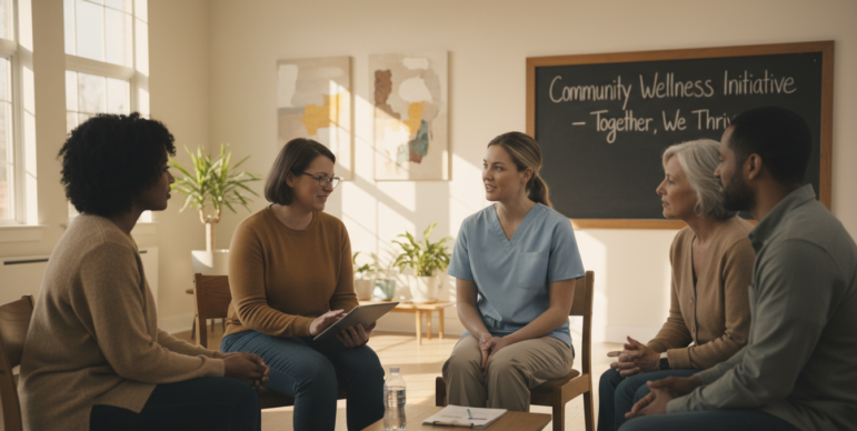 Five adults sit in a circle in a sunlit room, having a discussion. A chalkboard behind them reads Community Wellness Initiative – Together, We Thrive. Pamphlets and a water bottle are on the table in the center.