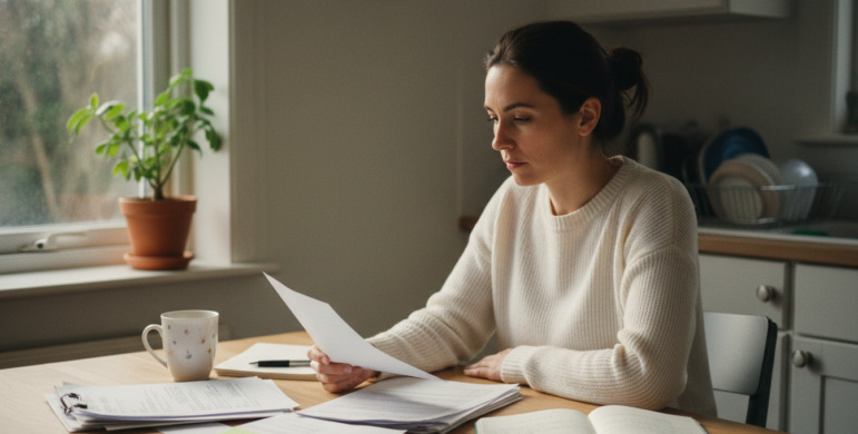A woman sits at a kitchen table reviewing documents on genetics and cancer risk. Several papers, a notebook, a mug, and a phone are spread out before her. A window with daylight and a potted plant are visible in the background.
