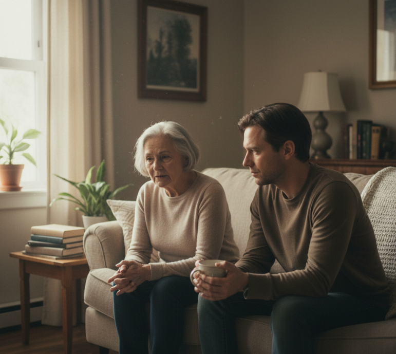 An older woman and a younger man sit together on a beige sofa in a living room, both looking forward with thoughtful expressions, perhaps reflecting on family health matters like hereditary breast cancer. The room has plants, books, and framed artwork on the walls.