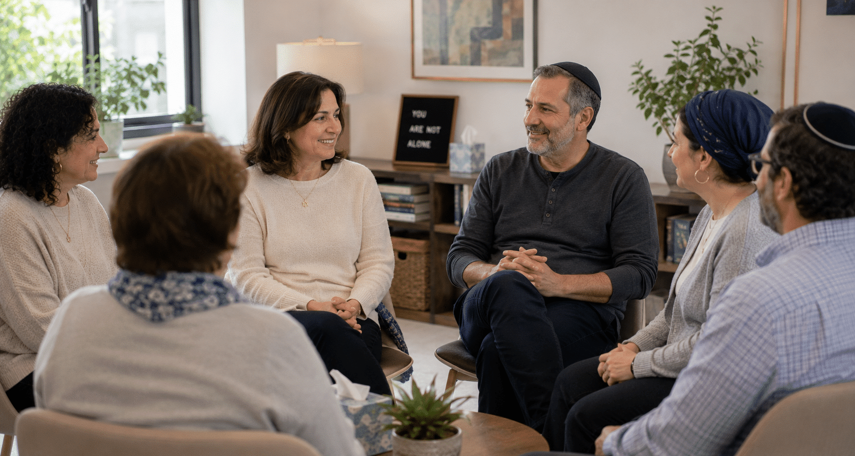 Two women sit at a table having a serious conversation about Jewish breast cancer support. One gestures with her hand while the other listens. Papers, a notebook, and a mug are on the table in front of them.