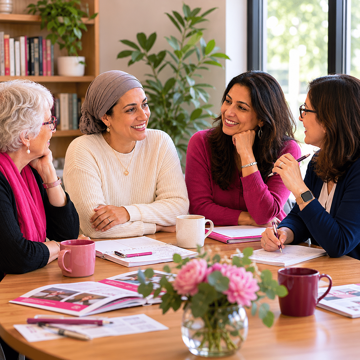 Two women sit at a table having a serious conversation about Jewish breast cancer support. One gestures with her hand while the other listens. Papers, a notebook, and a mug are on the table in front of them.
