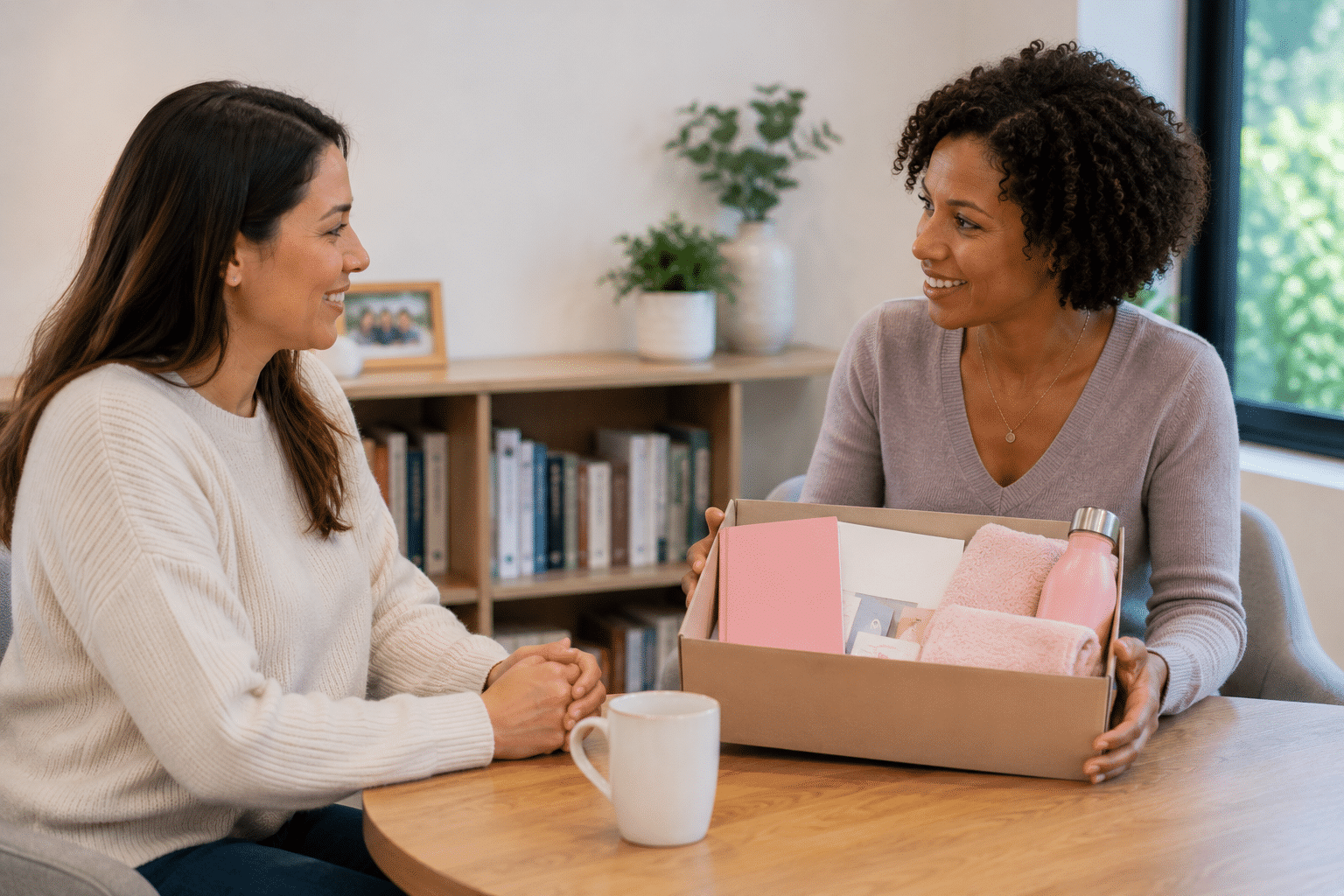 Two women sit at a table having a serious conversation about Jewish breast cancer support. One gestures with her hand while the other listens. Papers, a notebook, and a mug are on the table in front of them.