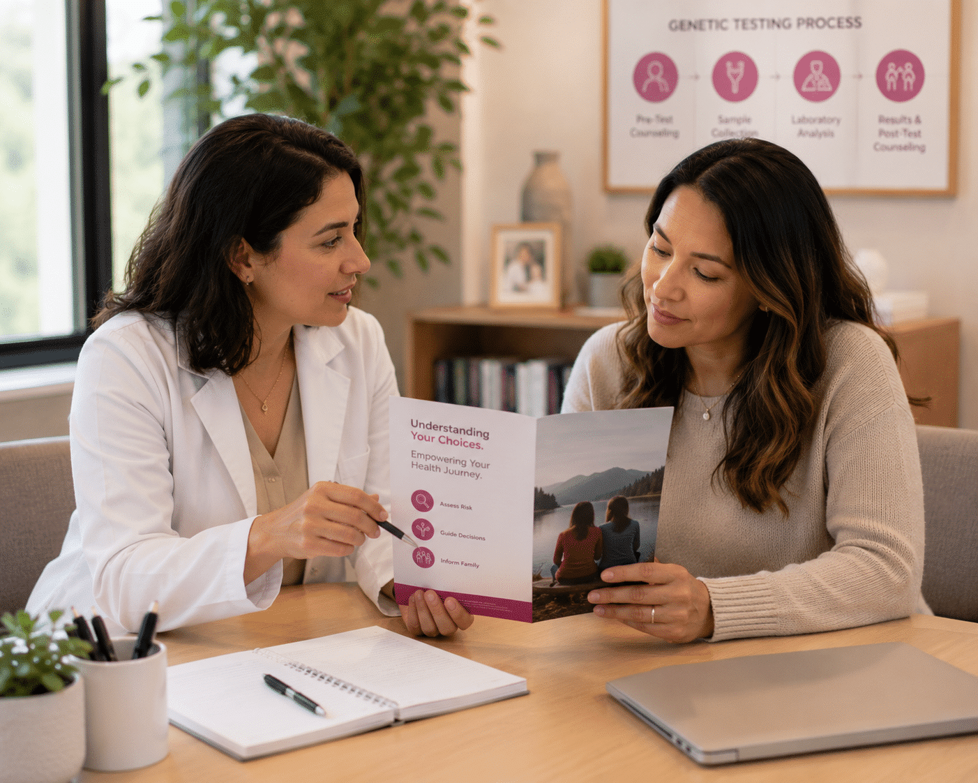 Two women sit at a table having a serious conversation about Jewish breast cancer support. One gestures with her hand while the other listens. Papers, a notebook, and a mug are on the table in front of them.