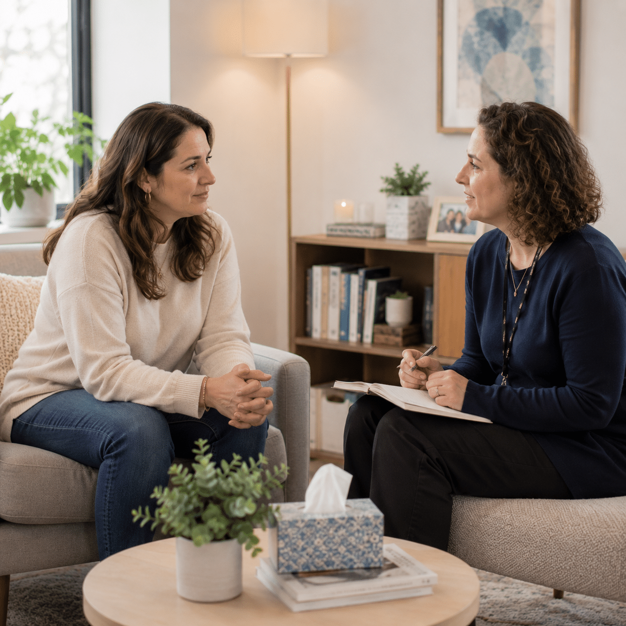 Two women sit at a table having a serious conversation about Jewish breast cancer support. One gestures with her hand while the other listens. Papers, a notebook, and a mug are on the table in front of them.