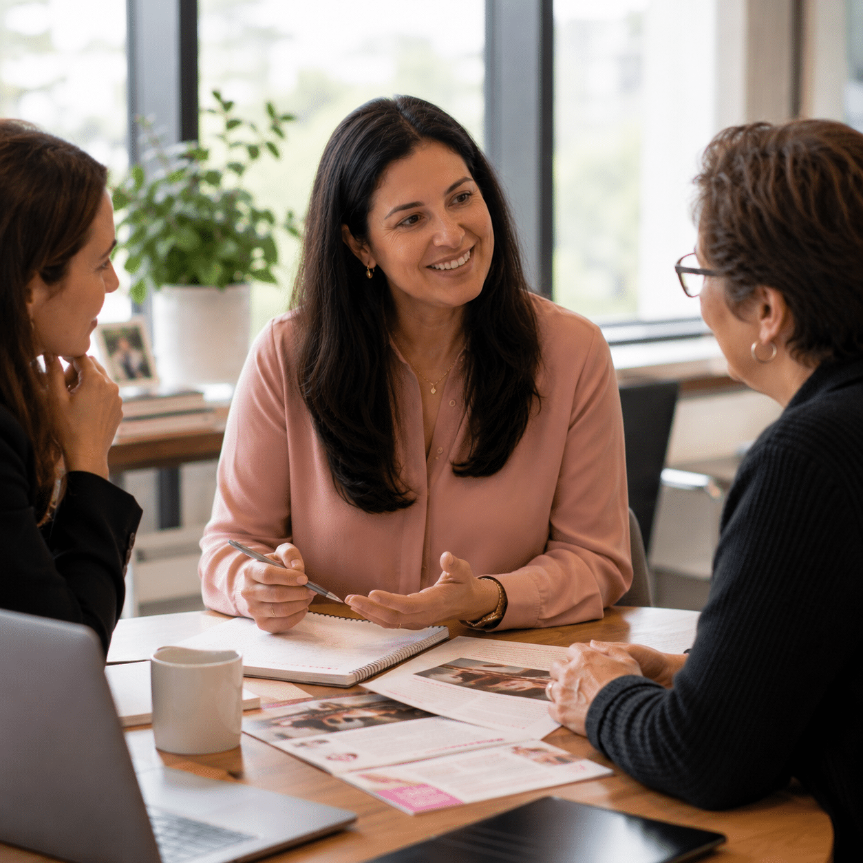 Two women sit at a table having a serious conversation about Jewish breast cancer support. One gestures with her hand while the other listens. Papers, a notebook, and a mug are on the table in front of them.