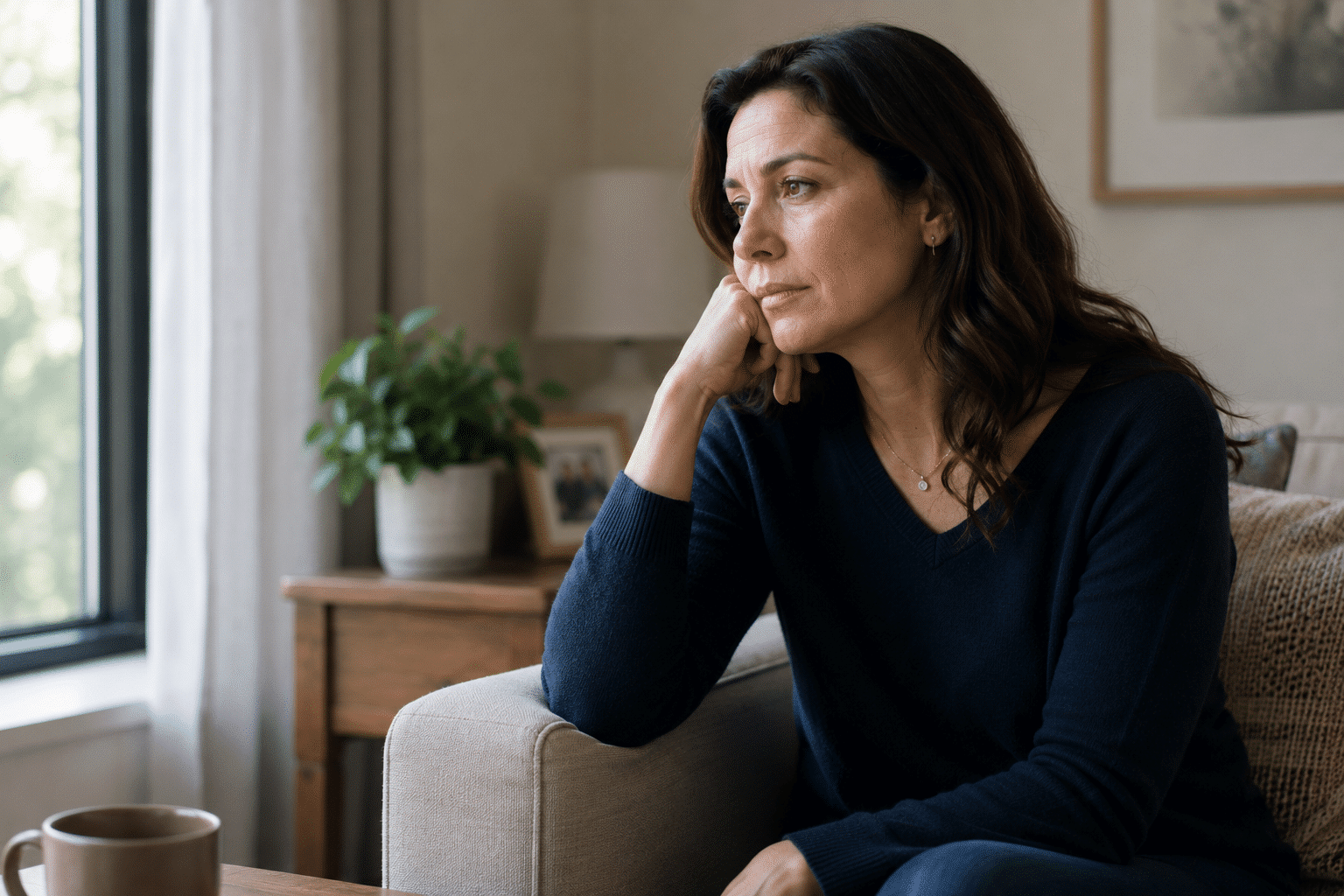 Two women sit at a table having a serious conversation about Jewish breast cancer support. One gestures with her hand while the other listens. Papers, a notebook, and a mug are on the table in front of them.