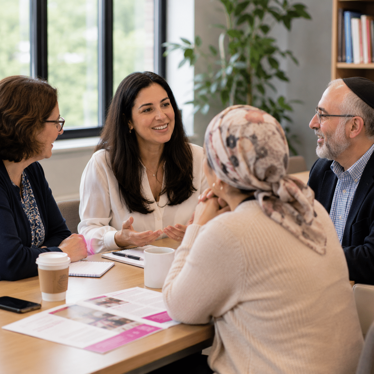 Two women sit at a table having a serious conversation about Jewish breast cancer support. One gestures with her hand while the other listens. Papers, a notebook, and a mug are on the table in front of them.