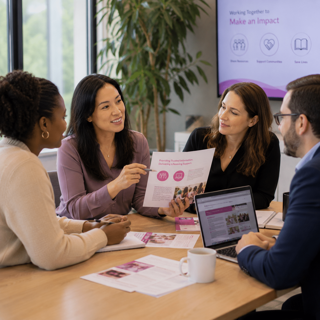Two women sit at a table having a serious conversation about Jewish breast cancer support. One gestures with her hand while the other listens. Papers, a notebook, and a mug are on the table in front of them.