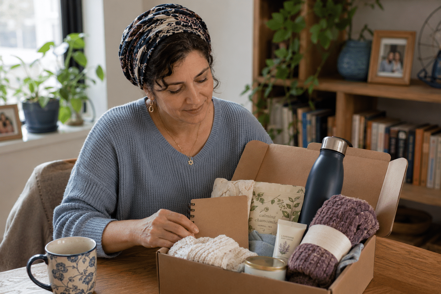 Two women sit at a table having a serious conversation about Jewish breast cancer support. One gestures with her hand while the other listens. Papers, a notebook, and a mug are on the table in front of them.