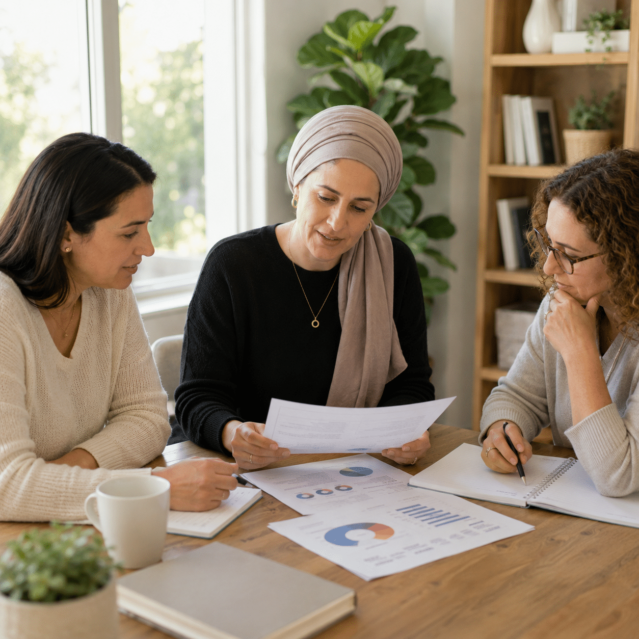 Two women sit at a table having a serious conversation about Jewish breast cancer support. One gestures with her hand while the other listens. Papers, a notebook, and a mug are on the table in front of them.