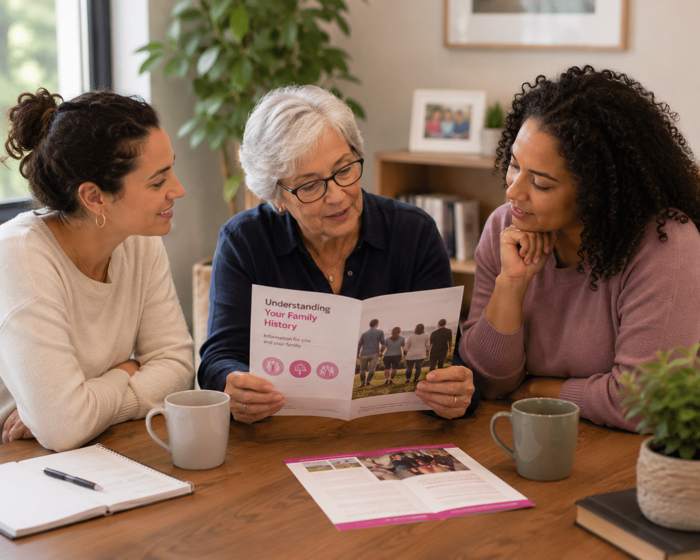 Two women sit at a table having a serious conversation about Jewish breast cancer support. One gestures with her hand while the other listens. Papers, a notebook, and a mug are on the table in front of them.