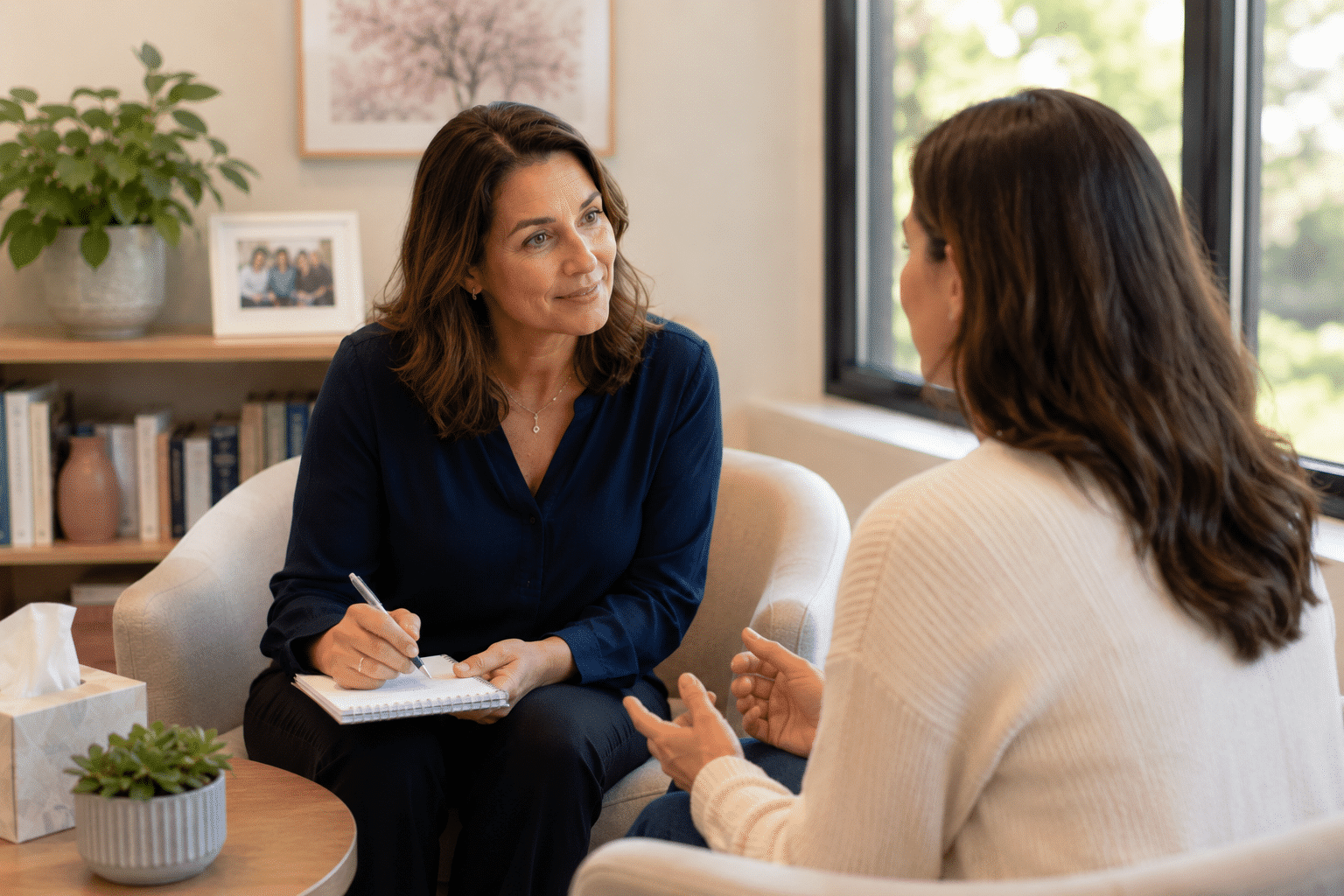 Two women sit at a table having a serious conversation about Jewish breast cancer support. One gestures with her hand while the other listens. Papers, a notebook, and a mug are on the table in front of them.