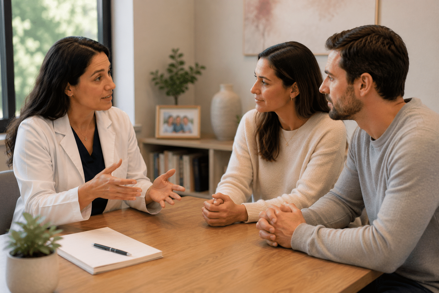Two women sit at a table having a serious conversation about Jewish breast cancer support. One gestures with her hand while the other listens. Papers, a notebook, and a mug are on the table in front of them.