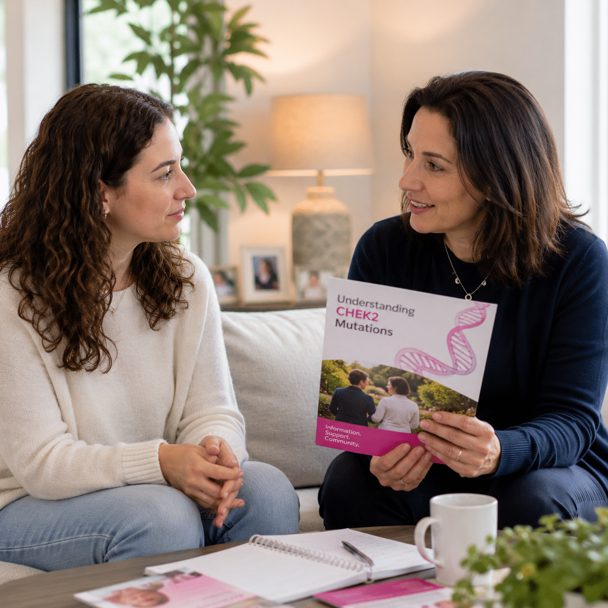 Two women sit at a table having a serious conversation about Jewish breast cancer support. One gestures with her hand while the other listens. Papers, a notebook, and a mug are on the table in front of them.