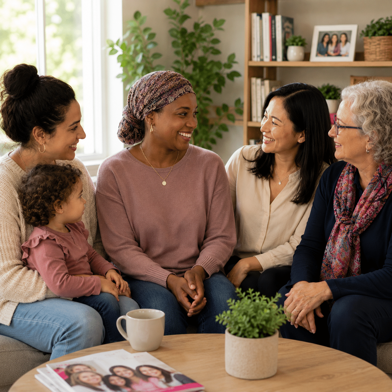 Two women sit at a table having a serious conversation about Jewish breast cancer support. One gestures with her hand while the other listens. Papers, a notebook, and a mug are on the table in front of them.