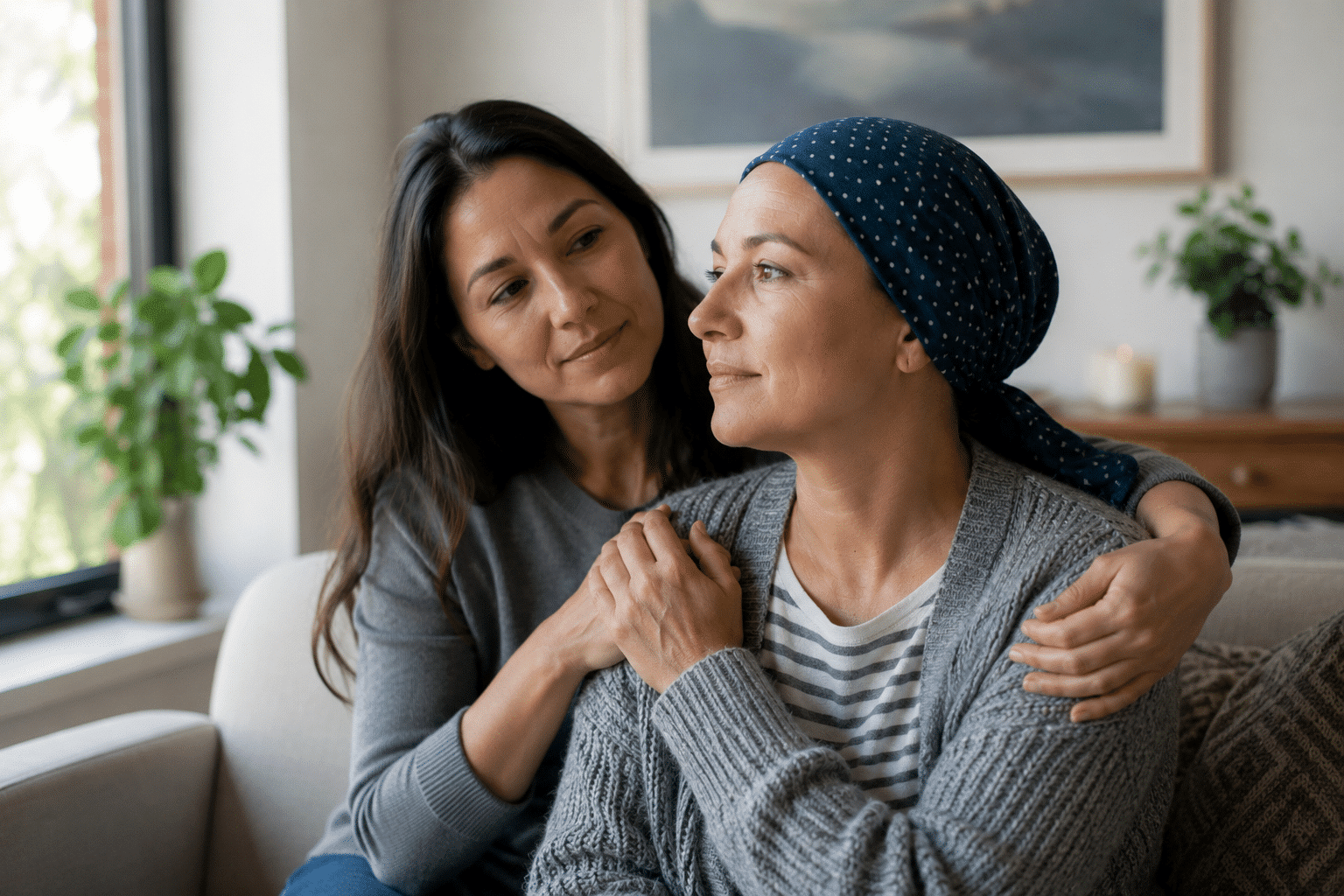 Two women sit at a table having a serious conversation about Jewish breast cancer support. One gestures with her hand while the other listens. Papers, a notebook, and a mug are on the table in front of them.