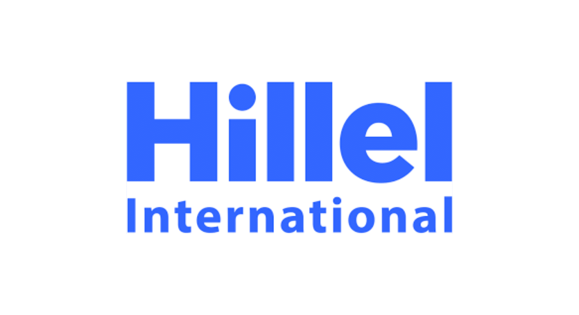 The image shows the logo for Hillel International. The word Hillel is in large blue bold letters, with International in smaller blue letters underneath, all on a light gray background.