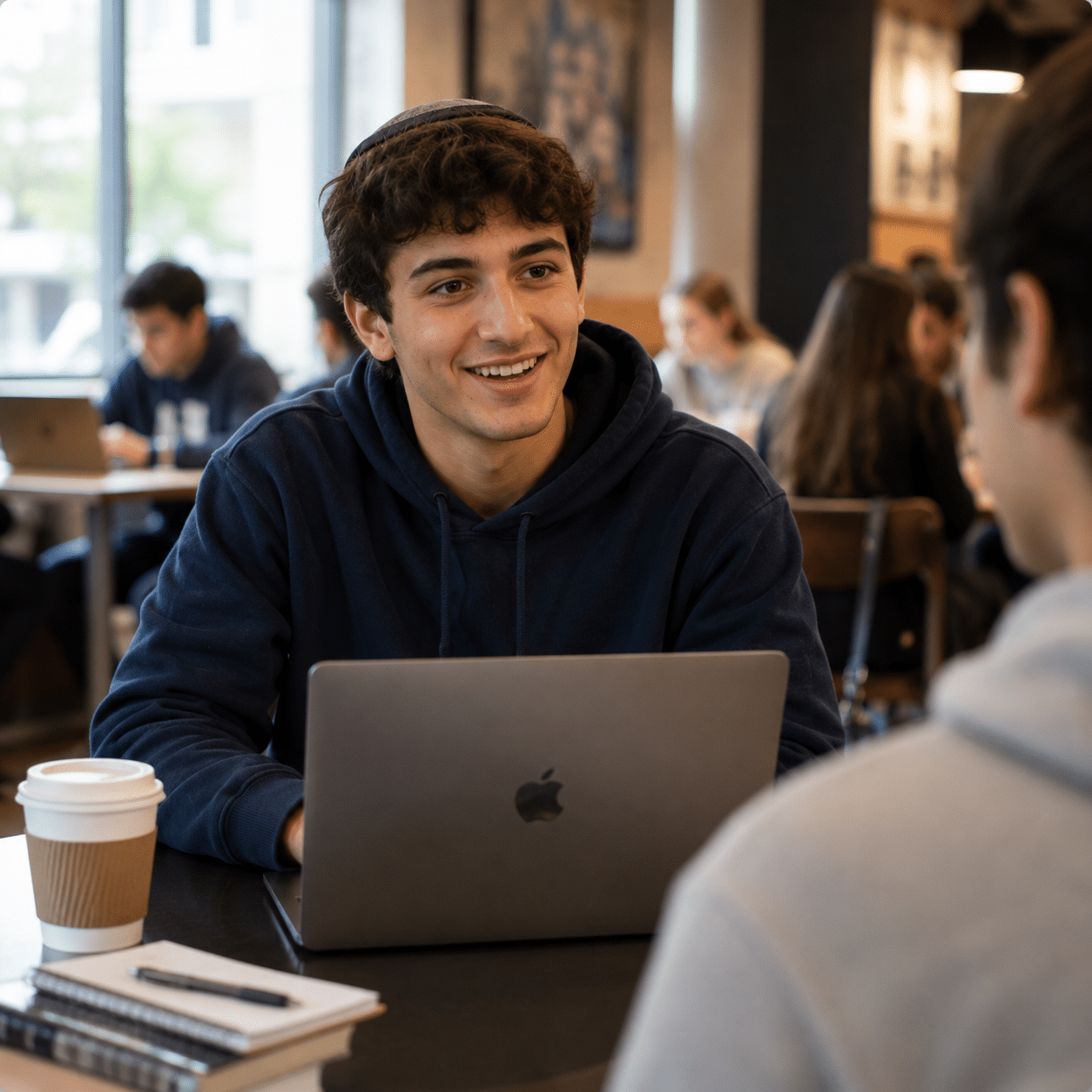 A young man in a navy hoodie sits at a table with a laptop, coffee cup, and notebooks in front of him, smiling and talking to another person in a busy indoor cafe or study area.