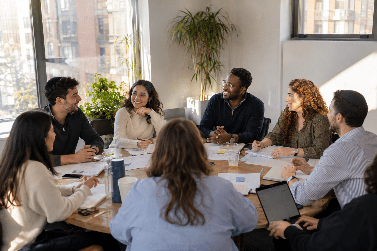 Eight young professionals circle around a table in a bright office, engaged in discussion. Papers, pens, water bottles, and laptops are scattered on the table, with plants and large windows in the background.
