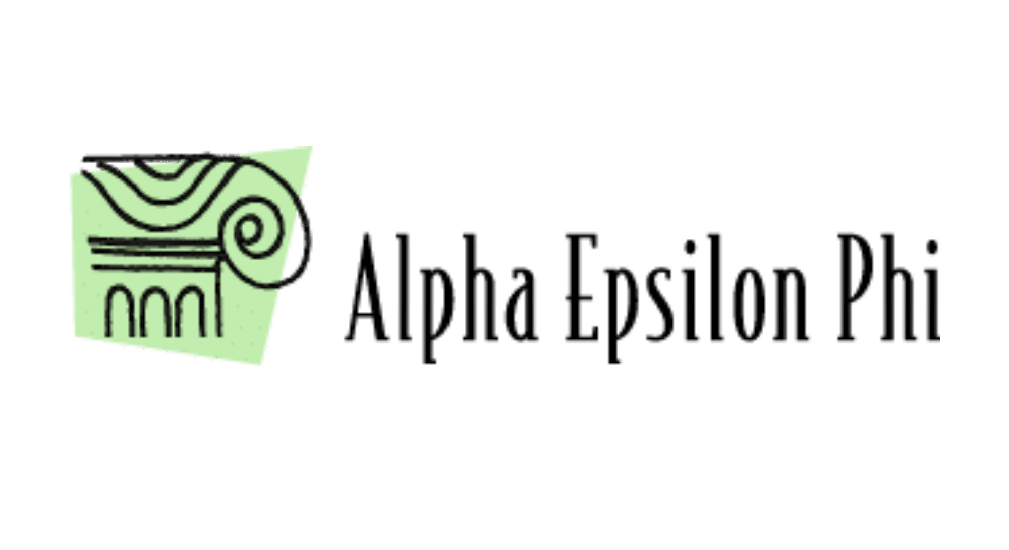 The Alpha Epsilon Phi logo features a stylized Greek column with a green background on the left and the words Alpha Epsilon Phi in black text on the right.