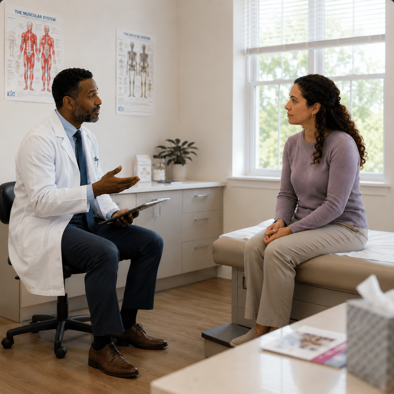 A Sharsheret doctor holding a tablet sits and talks to a woman seated on an exam table in a medical office, with anatomical charts on the wall and sunlight coming through the window.