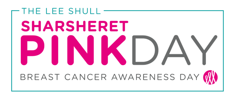 A rectangular logo with text reads: The Lee Shull Sharsheret Pink Day 2026 Breast Cancer Awareness Day in teal, pink, and gray, with a pink ribbon symbol on the right.