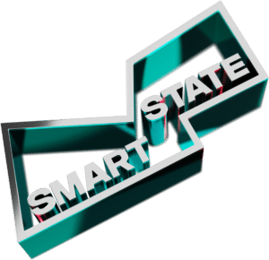 A 3D geometric shape with the words “SMART” and “STATE” inside, rendered in white block letters with a teal and gray reflective border. The words are positioned at angles within the shape.
