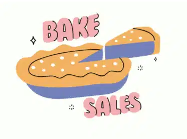 Illustration of a whole pie with one slice being removed. The words BAKE SALES are written in pink, with BAKE above the pie and SALES below it. Decorative sparkles surround the pie—perfect inspiration for bat mitzvah project ideas.