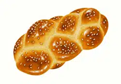A loaf of braided bread with a glossy brown crust topped with white sesame seeds, shown on a plain white background—perfect inspiration for bat mitzvah project ideas centered around baking and sharing homemade challah.