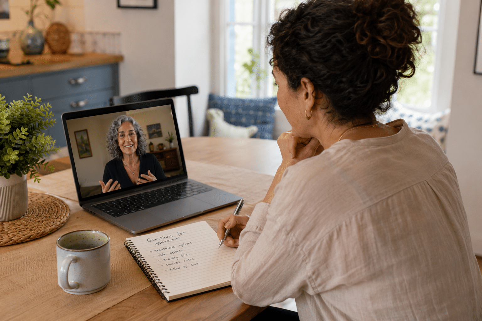 A woman sits at a table with a notebook and pen, watching a breast cancer doctor speak on a laptop during a video call. A mug and notebook with handwritten notes are also on the table.