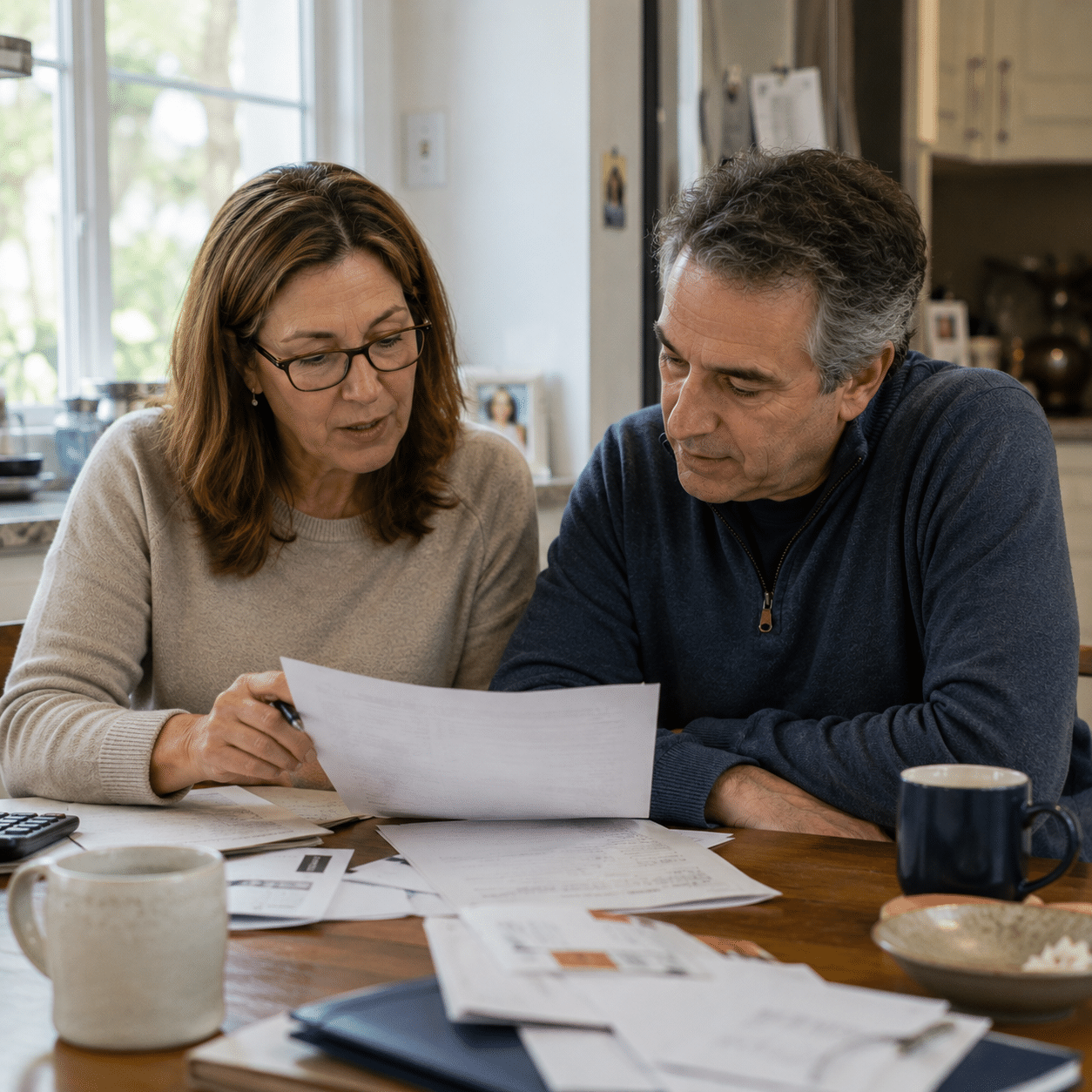 A middle-aged woman and man sit at a table reviewing paperwork together. Various documents, envelopes, a pen, and two coffee mugs are on the table as they discuss ways to donate to Sharsheret, appearing focused and engaged in their conversation.