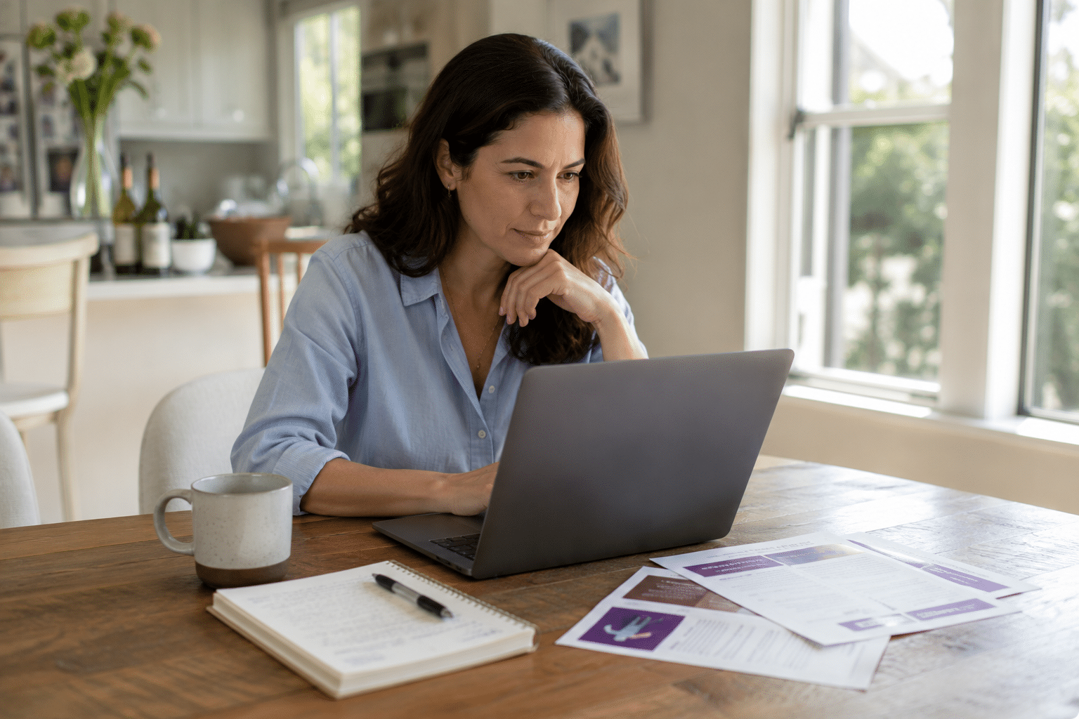 A woman sits at a wooden table using a laptop, surrounded by papers, a notebook, and a mug. She appears focused as she researches cancer care resources in a bright room with large windows and a kitchen in the background.
