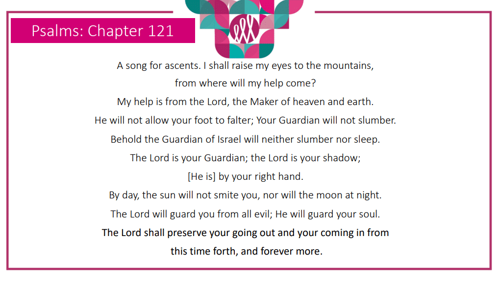 Psalm 121 text with a patterned logo at the top. Main text includes verses about seeking help from the Lord, protection, and assurance that God will guard and preserve your life day and night, now and forevermore.