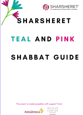 A flyer with the title “Sharsheret Teal and Pink Shabbat Guide,” the Sharsheret logo, floral illustration, and sponsor logos from AstraZeneca and Basser Center for BRCA at the bottom.